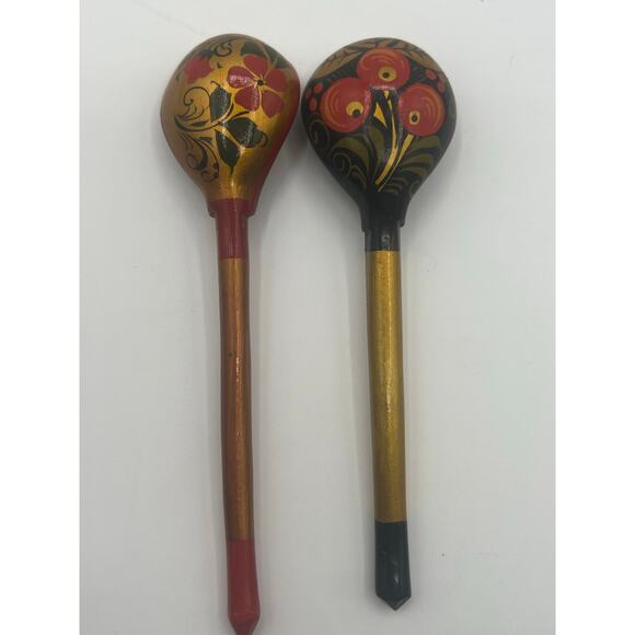 Russian Khokhlma Folk Art Collection Handmade‎ Wooden Spoons And Plate Floral - Picture 3 of 8